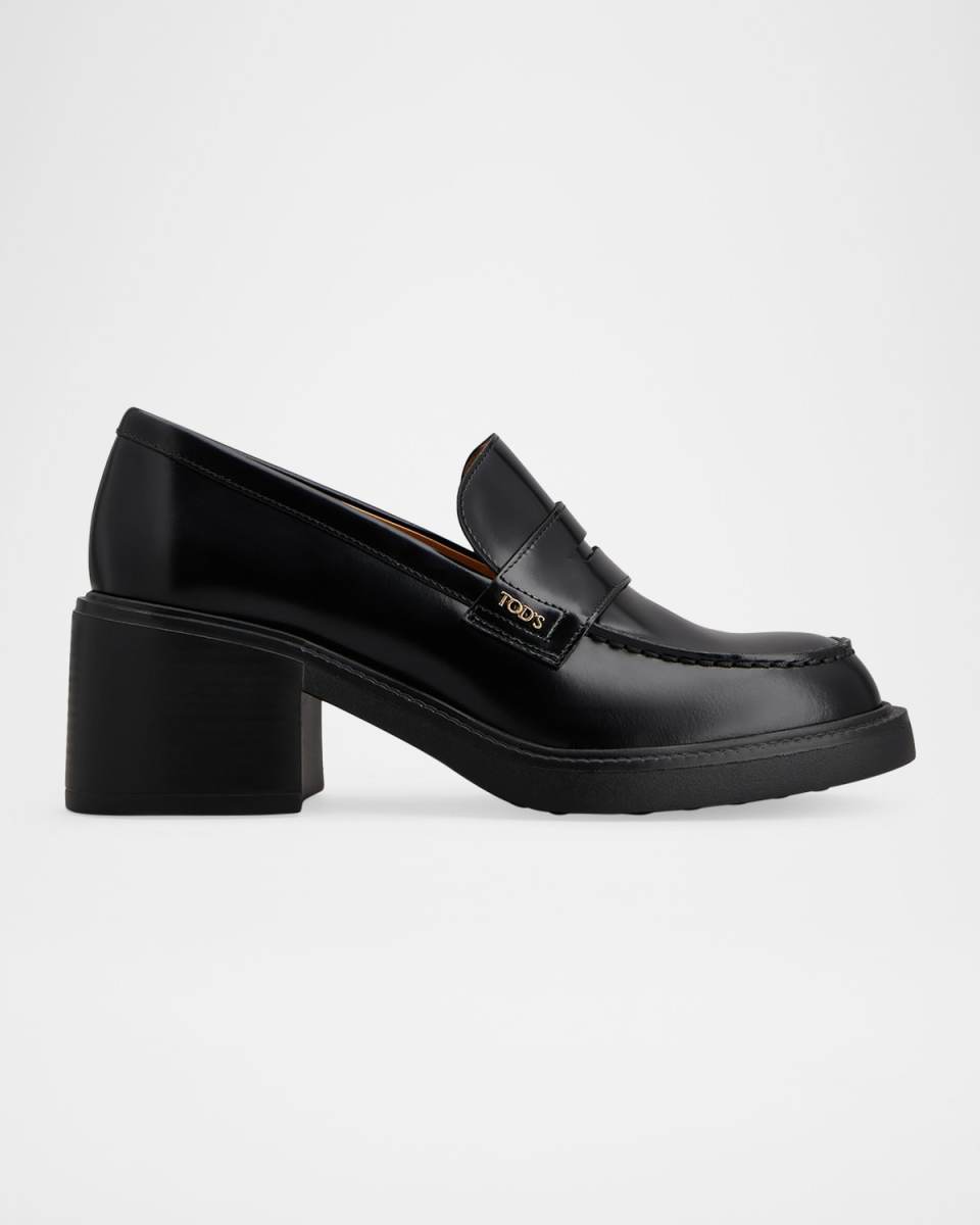 Gomma Leather Block-Heel Penny Loafers